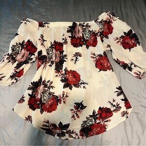 Cream & Red Floral Off the Shoulder Top Blouse